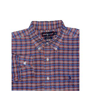 Vintage Ralph Lauren‎ Polo Oxford L/S Shirt Mens Large Orange Blue Plaid